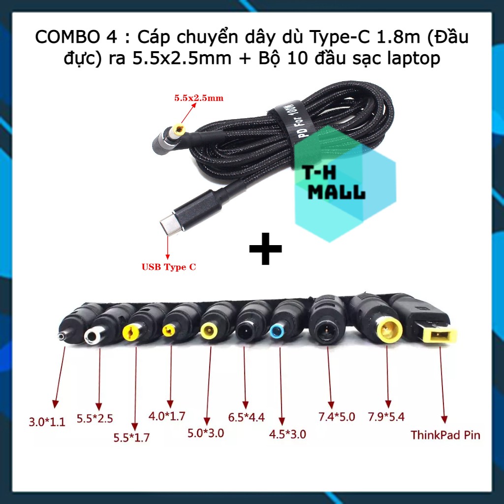 Bộ đầu nối chuyển đổi Type C sạc full tất cả các dòng laptop thông dụng hỗ trợ 100W