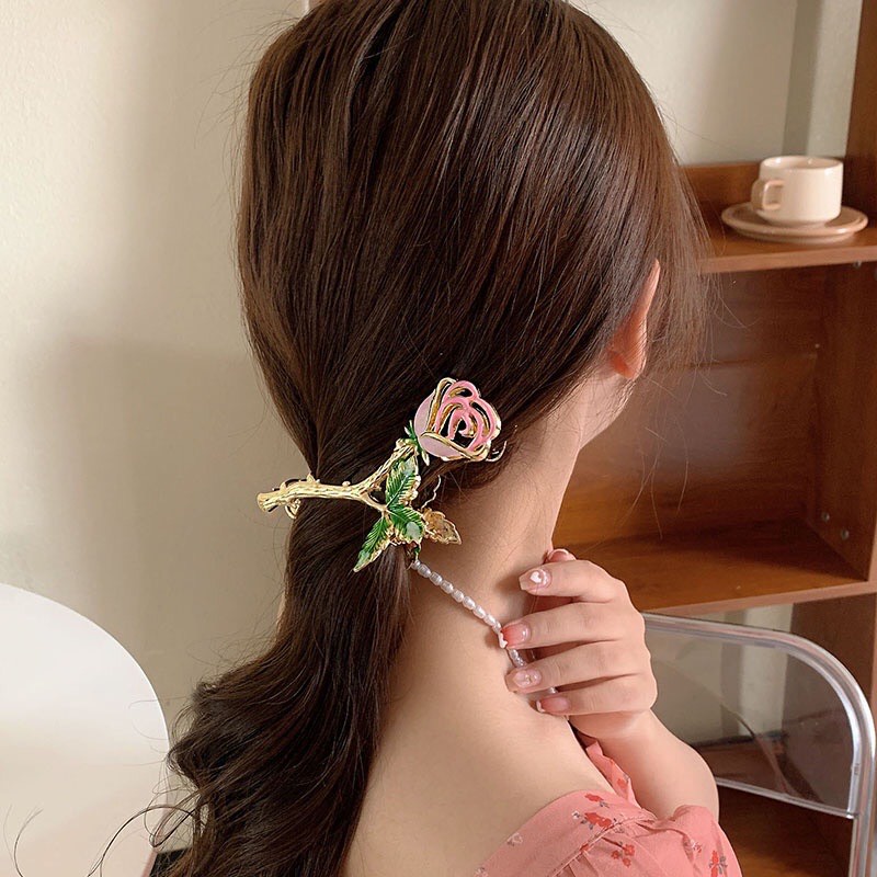 Kẹp (gấp tóc) kim loại đính hạt mẫu Hoa Hồng Màu sang trọng xinh xắn DTOnline hoahongmau