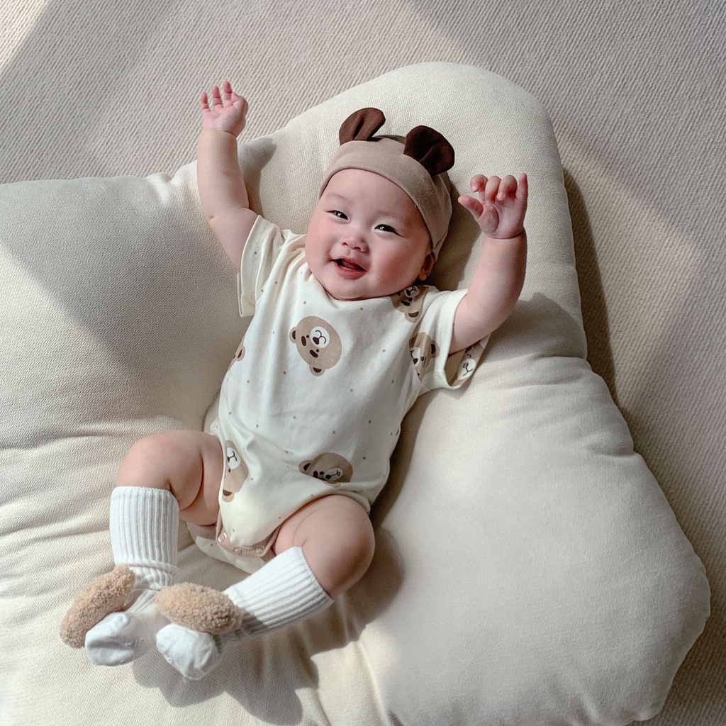Bộ Áo Liền Quần Ngắn Tay In Hình Gấu Hoạt Hình Thời Trang Cho Trẻ Sơ Sinh Mới Biết Đi