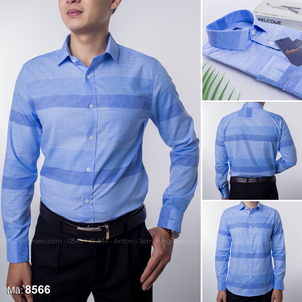 [HÀNG VIỆT NAM] Áo Sơ Mi Nam Thương Hiệu Anton Dài Tay Công Sở Trung Niên Vải Sợi Tre Họa Tiết Kẻ Caro Màu Xanh - 8566 | BigBuy360 - bigbuy360.vn