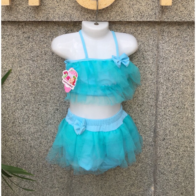 Bikini Bộ Bơi Đồ Bơi Bé Gái 2 Mảnh Rời Bèo Voan Đính Nơ Xinh Xắn Size M  - Hàng Nhập Quảng Châu