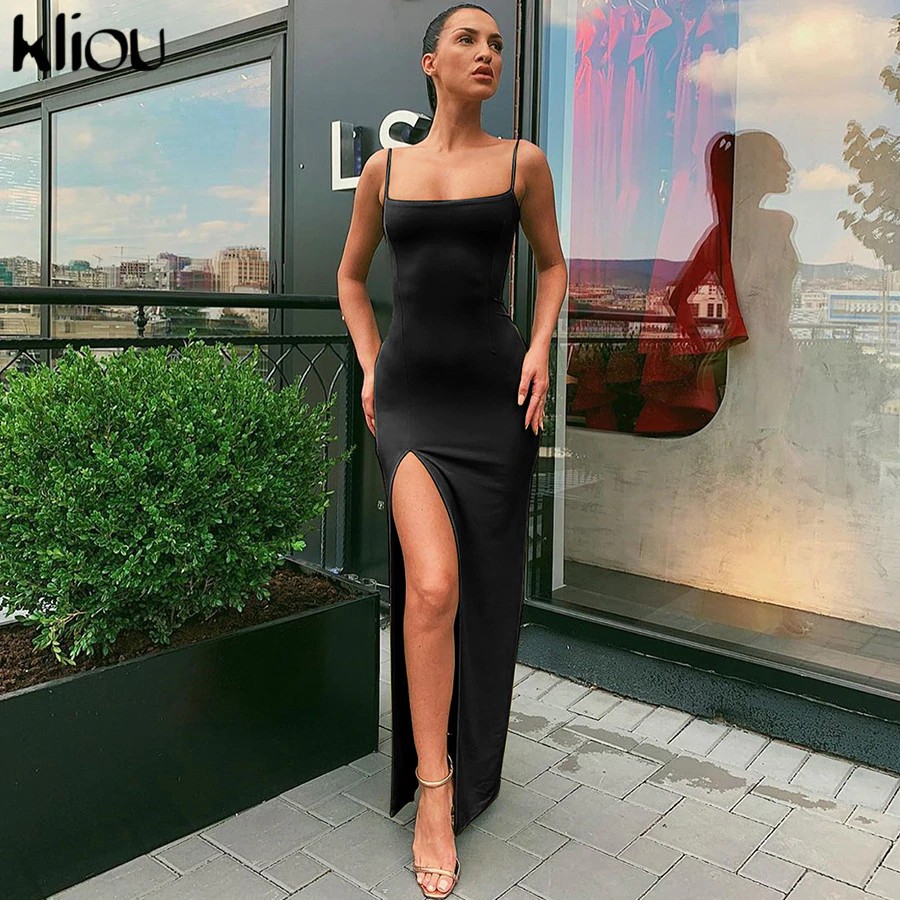 Kliou Sleeveless Slit Sexy Maxi Long Dress Autumn Winter Women Fashion Party Elegant Outfits Bodycon Black Pure Clothing