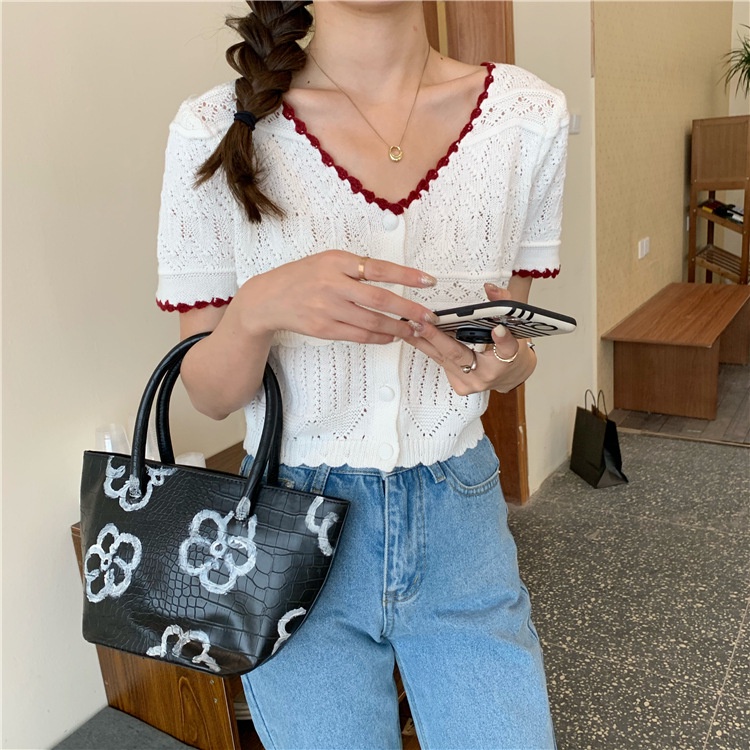 Áo Cardigan Dệt Kim Tay Ngắn Cổ Chữ V Thiết Kế Đục Lỗ Thời Trang Cao Cấp Cho Nữ