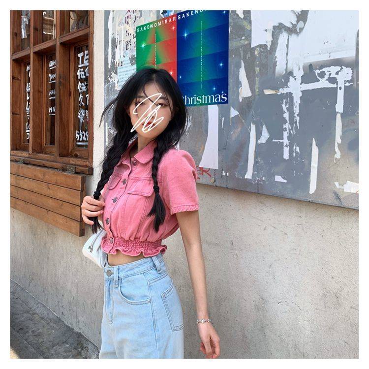 Pink Denim Short-sleeved Shirt Summer INS New Korean Version of the Slim Wild Slim Short Tops