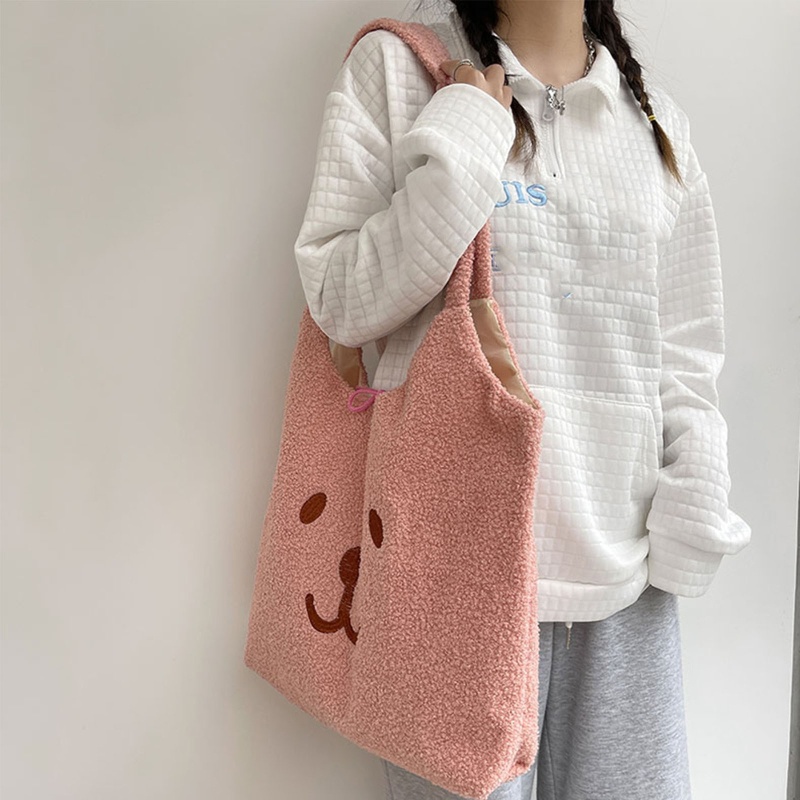 Túi Tote Đeo Vai / Xách Tay Bằng Vải Bông Thêu Hình Gấu Hoạt Hình Sức Chứa Lớn Cho Nữ