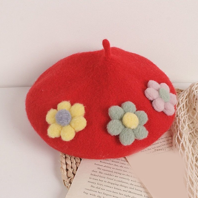 Mũ Beret 3 Hoa Thanh Lịch Cho Bé Gái Từ 2-7 Tuổi