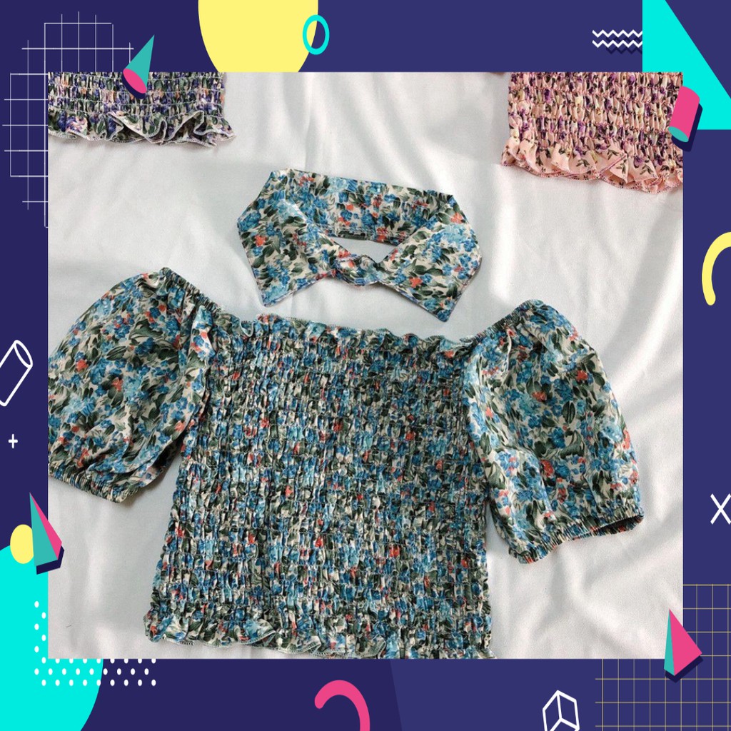 Sale 1125A38B1 Áo trễ vai hoa nhí tay phồng vải nhún kèm vòng cổ sơ mi cá tính Sale