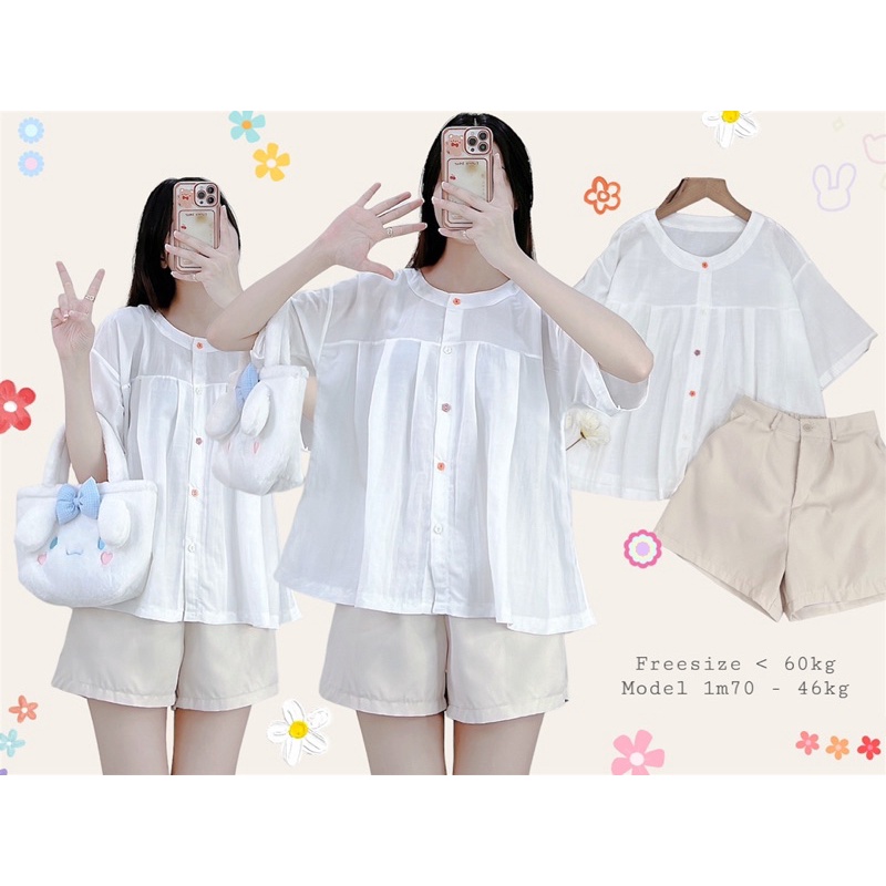 [Sẵn] Áo sơ mi form rộng gài nút hoa nhiều màu + quần short nude