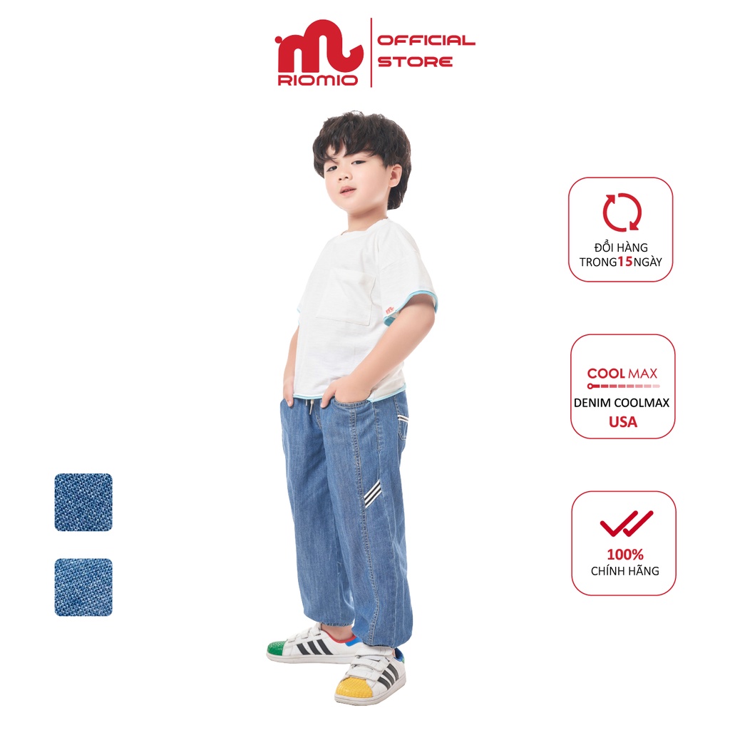 Quần jean cho bé trai 5-12 tuổi size 20-50kg RIOMIO ống rộng cạp chun bo gấu 100% cotton jean sợi coolmax kèm QT- RM258