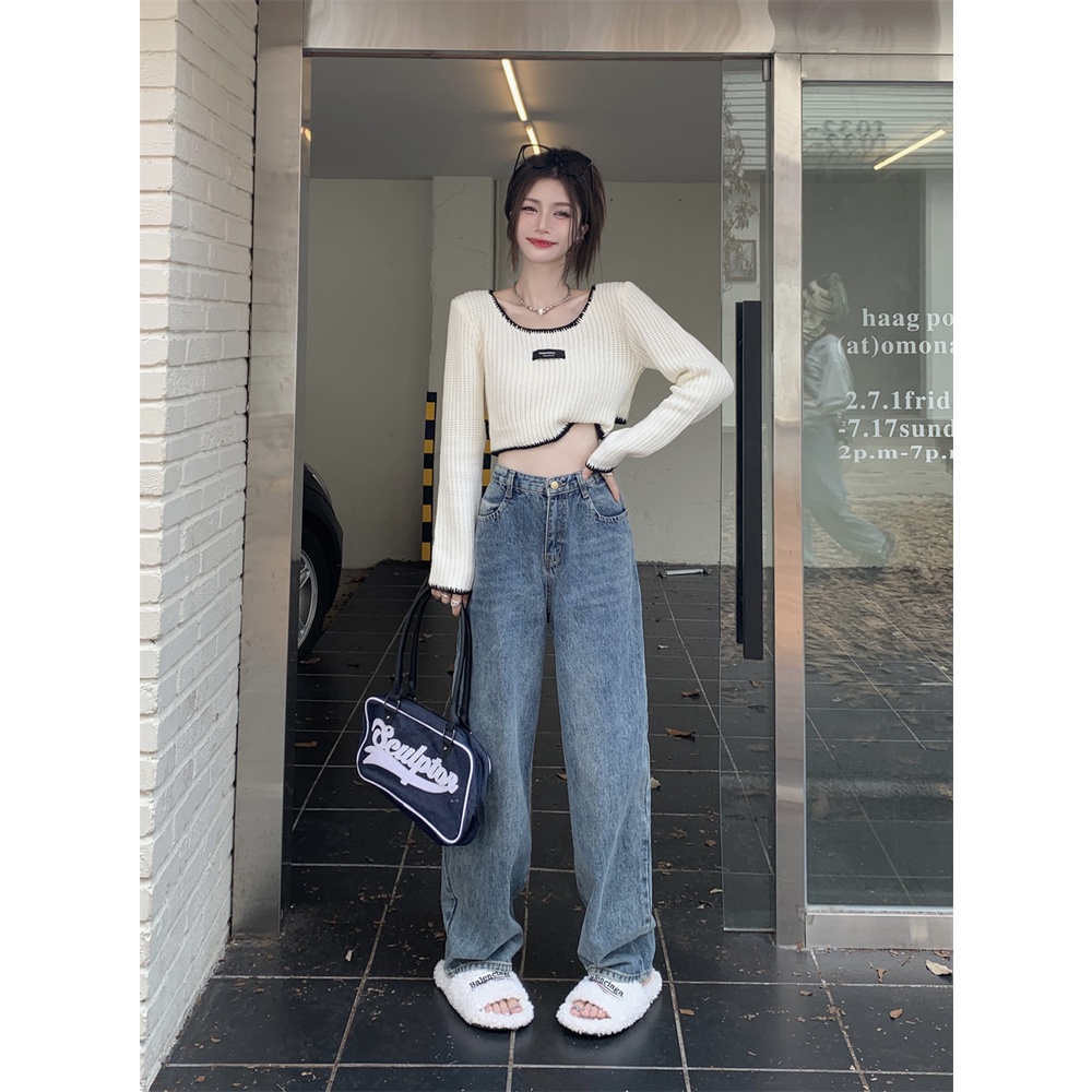 Áo Sweater Dệt Kim Tay Dài Cổ Vuông Màu Tương Phản Thời Trang Cho Nữ