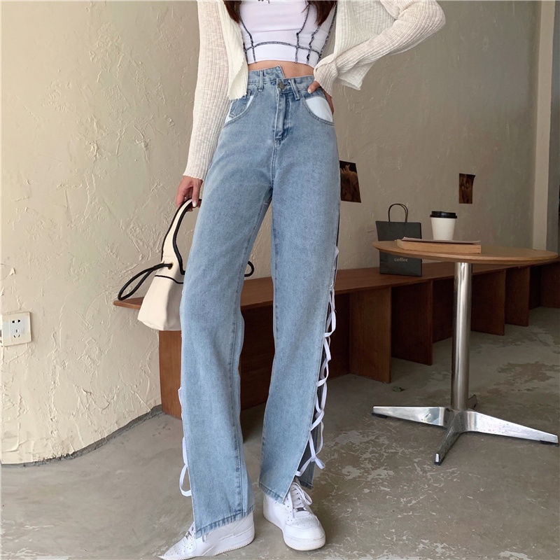 Real Shot Spot Summer Korean Version of Ins Design Sense High Waist Split Strap Jeans Women Straight Thin Loose Wide Leg Pants Tide Wash, Zipper, Buttons Light Blue S,M,L,XL