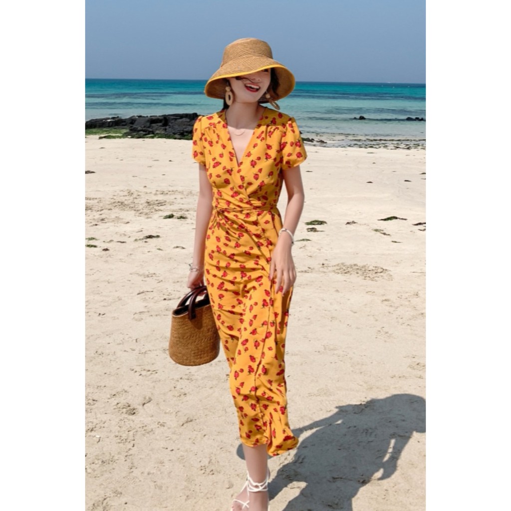 (ORDER) Váy hoa vàng cam xòe dài cổ V thắt eo kiểu Pháp vintage Style đi biển mùa hè 2020