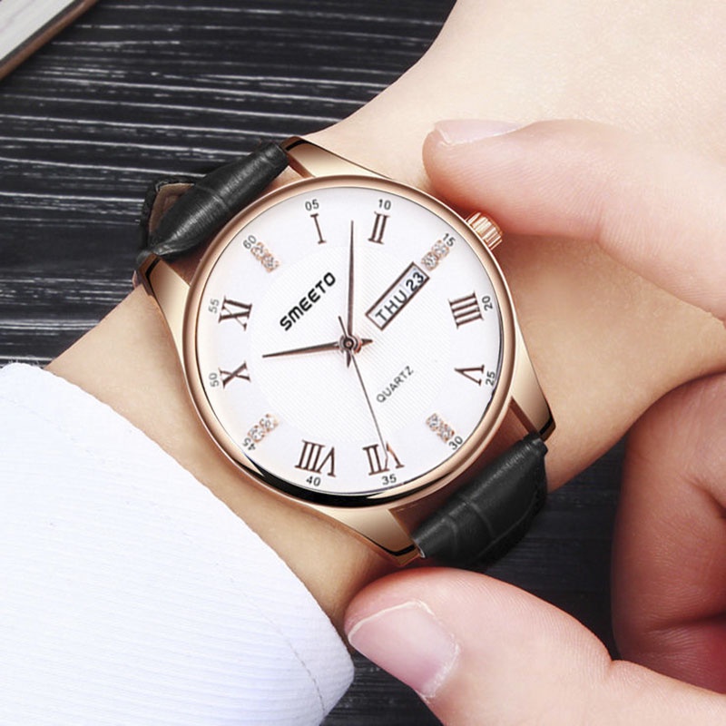 Đồng Hồ Nam Chính Hãng SMEETO, Dây Da, Có Lịch, Chống Nước Tốt, Tặng Hộp Đồng Hồ Và Pin Dự Phòng
