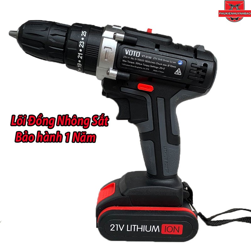 Máy Khoan Pin 21V VOTO 3 Chức Năng Có Búa,Chân Pin 18mm,2 Pin,Bảo Hành 1 Năm.