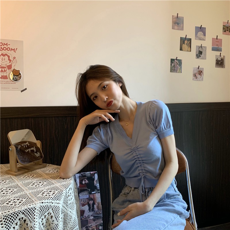 Áo tay ngắn cổ V dây rút bằng len thời trang cho nữ | BigBuy360 - bigbuy360.vn