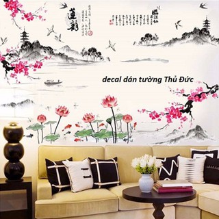 decal dán tường combo 2 bức sen  và cảnh đào cổ thụ núi non