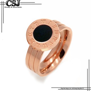 Nhẫn titan số la mã màu vàng hồng 14k cẩm xà cừ đen