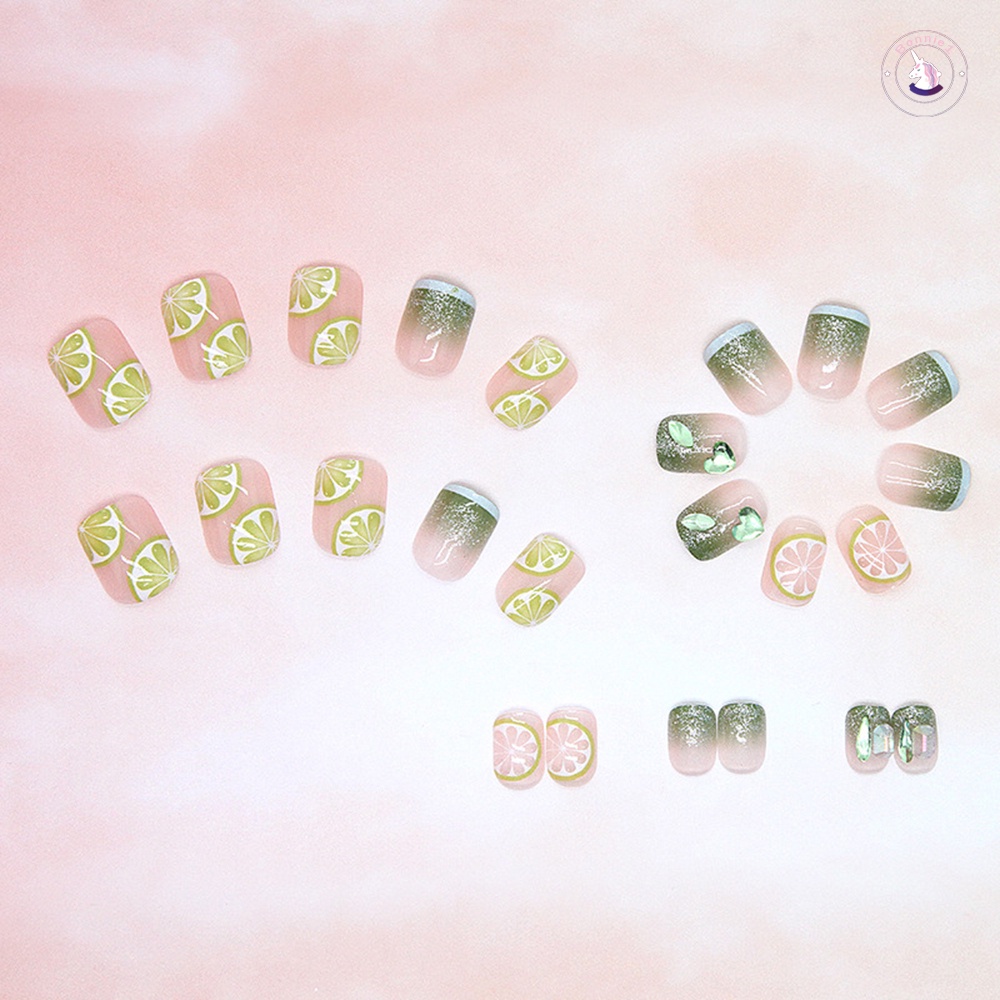 Set 24 Móng Tay Giả Sáng Bóng Họa Tiết Quả Chanh Xanh Lá Phong Cách Pháp Dễ Xé Không Rơi Dành Cho Nữ