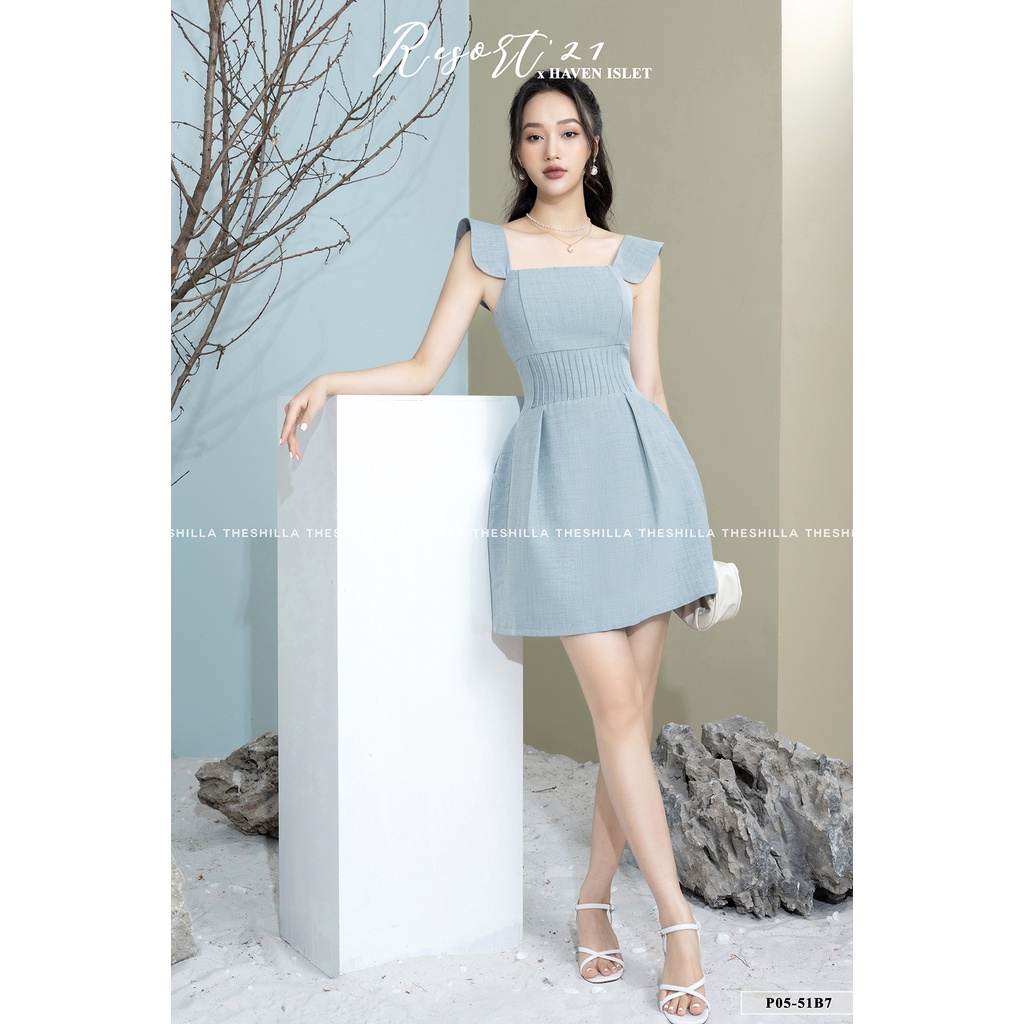 Váy thiết kế cao cấp màu  xanh 2 dây bảng to eo xếp ly [ Có video + Ảnh thật ] The Shilla - P05-51B7