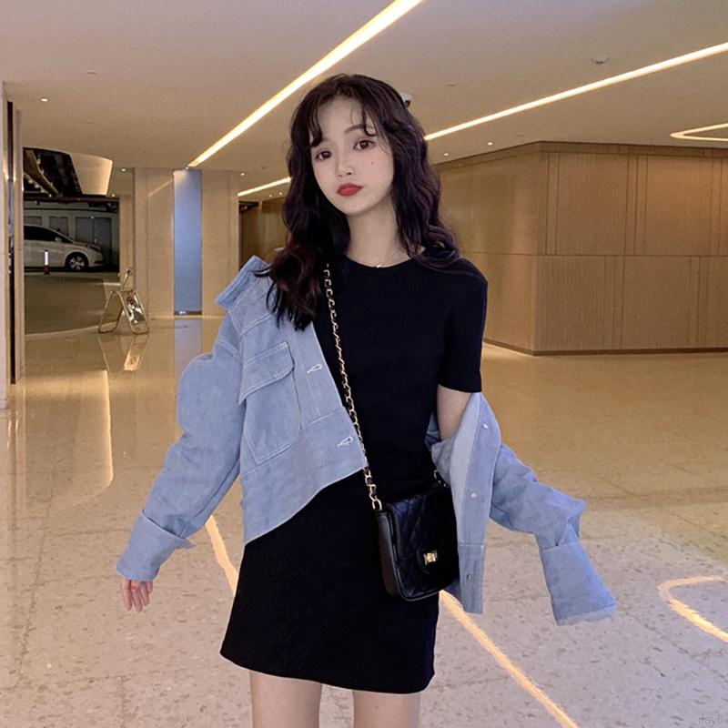 Đầm Chữ A Tay Ngắn Cổ Tròn Màu Trơn Phong Cách Hàn Quốc Thời Trang Cho Nữ