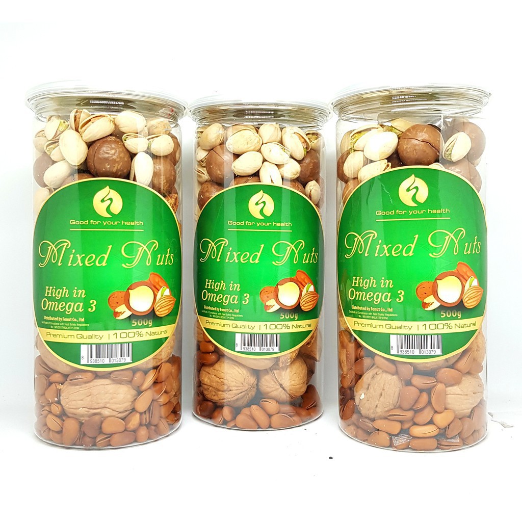 Mix Nuts hỗn hợp 6 loại hạt sấy khô gồm macca hạnh nhân óc chó hạt thông dẻ cười hồ đào hộp 500gr Clovershop