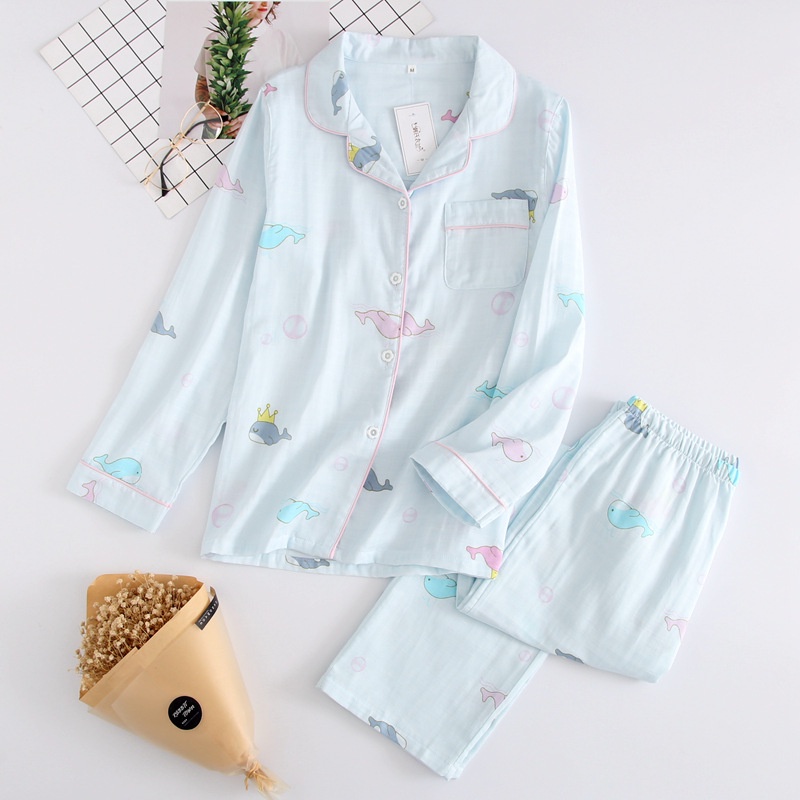 Bộ mặc nhà pijama thô đũi dài tay họa tiết cá heo