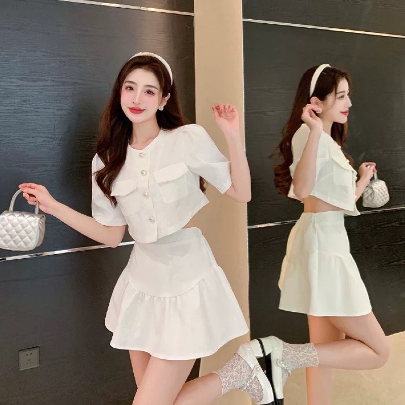 Sét váy nữ trắng gấm xốp tay bồng tiểu thư QC 💯