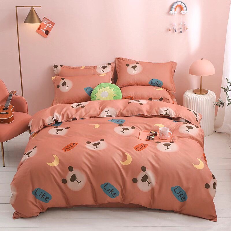 Bộ chăn ga gối Cotton Poly M2T bedding gấu cam, vỏ chăn mền, drap giường và 2 vỏ gối