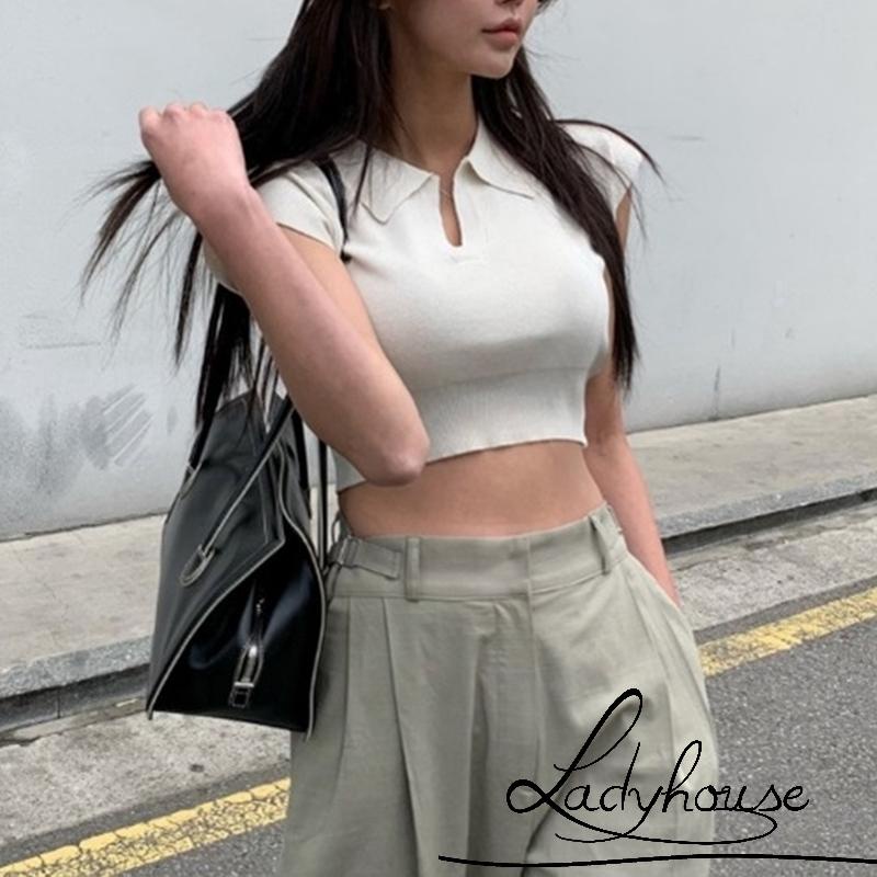 LD-Áo Croptop Dệt Kim Tay Ngắn Phong Cách Retro Hàn Quốc Thời Trang Mùa Hè 4 Màu Tùy Chọn Cho Nữ