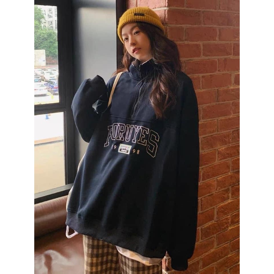 Áo Nỉ PoLo Khoá Cổ Áo Nỉ Nữ Sweater Xanh Than Cao Cổ Dài Tay Bồng Form Rộng Cá Tính Ulzzang | BigBuy360 - bigbuy360.vn