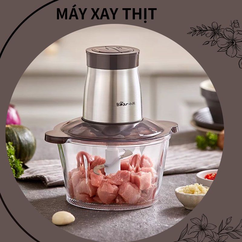 Máy xay thịt Bear cối thủy tinh và inox, dung tích 2 Lít 4 lưỡi dao inox, xay thịt, rau củ quả đa năng