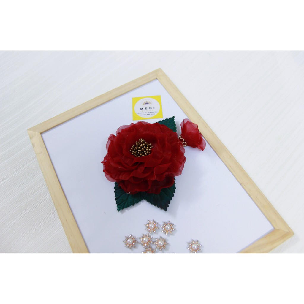 (Ảnh thật 100%) Hoa cài áo handmade vải voan màu đỏ đô 1 nụ (size 13.5 - 14cm)