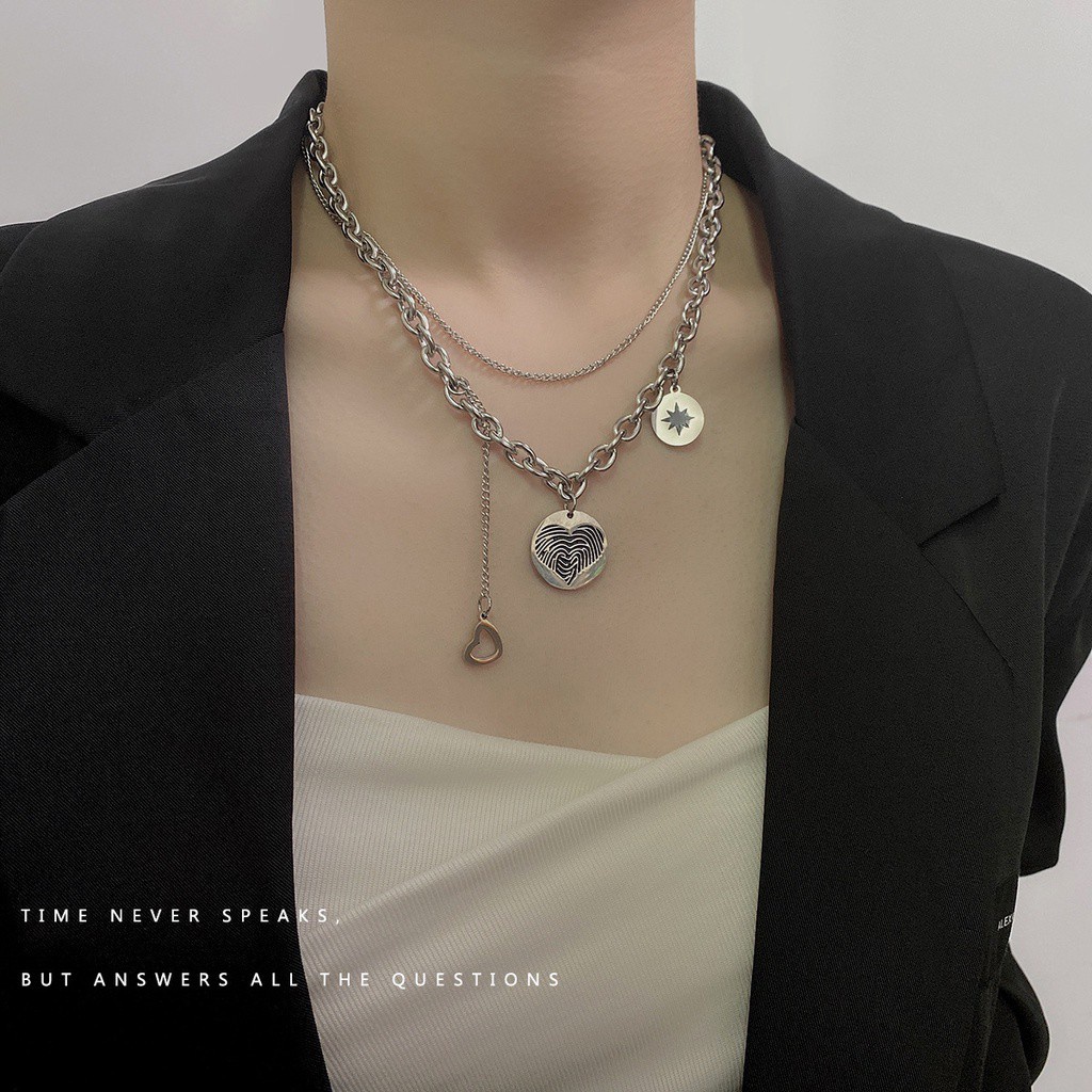 vòng cổ Hai Lớp Mặt Tròn Phong Cách Hip Hop Âu Mỹ Sang Trọng