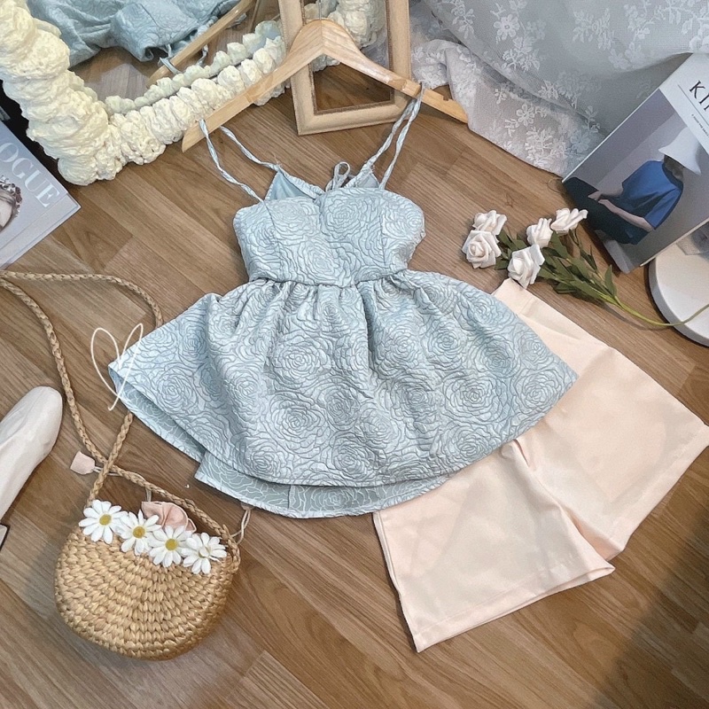 set áo dây gấm short trắng