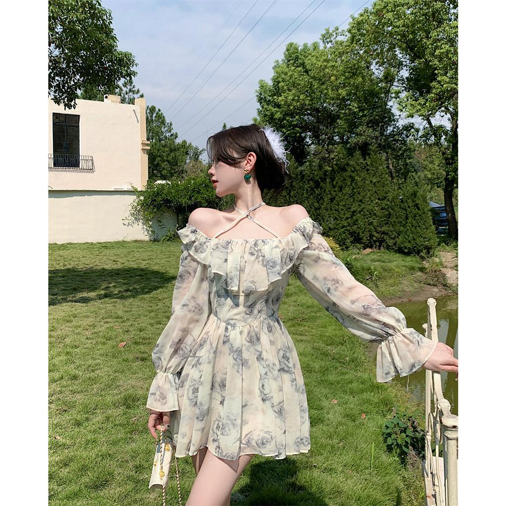 Bikini liền thân đi biển đồ bơi dạng váy nữ tay dài đầm vintage tôn dáng cổ vuông tay phồng kiểu Hàn Quốc 9708 DK1T305