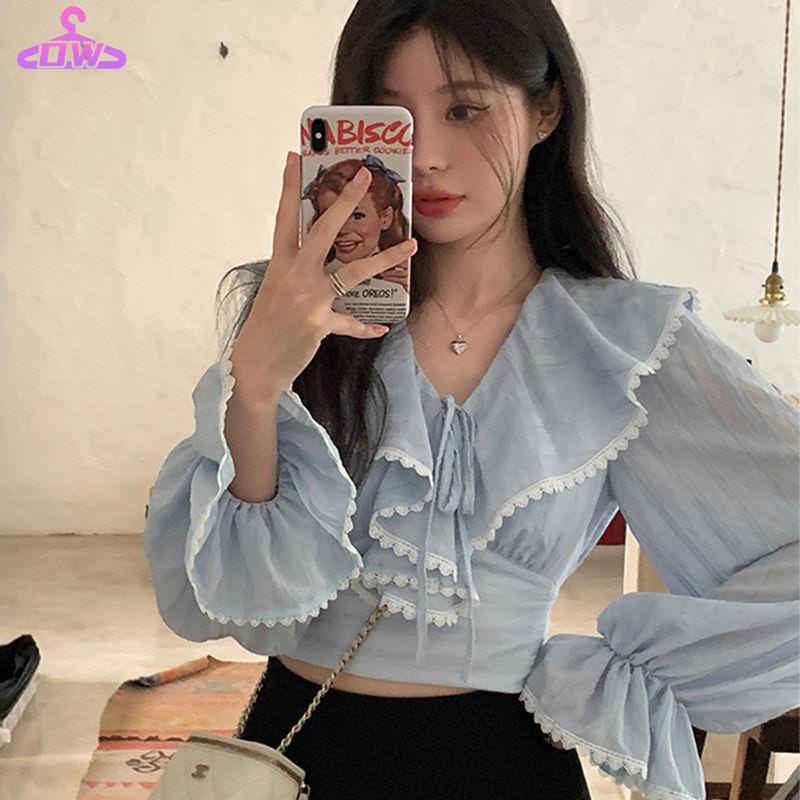 Ao babydoll Áo Thun Tay Dài Dáng Ôm Ngắn Phong Cách Pháp Thời Trang Mùa Thu Nhẹ Nhàng Niche Lac