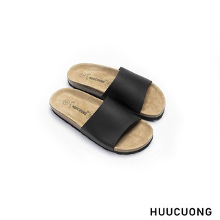 Dép Sandal unisex 1 Quai Da Bò Màu Đen Đế Trấu Handmade