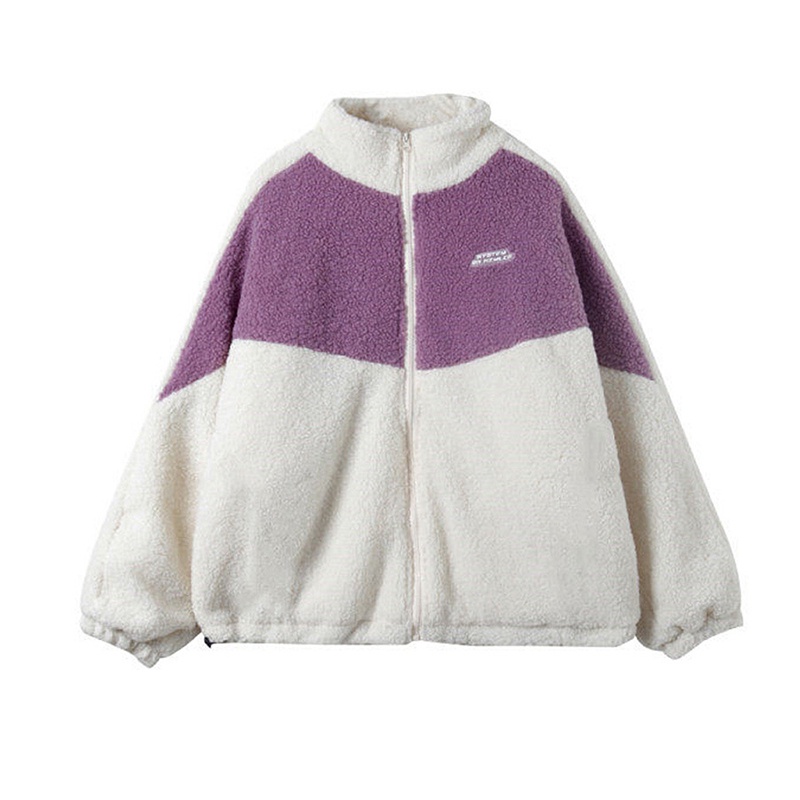 Áo khoác giả lông cừu dáng rộng phối khóa kéo màu tương phản phong cách Hàn Quốc cho nữ