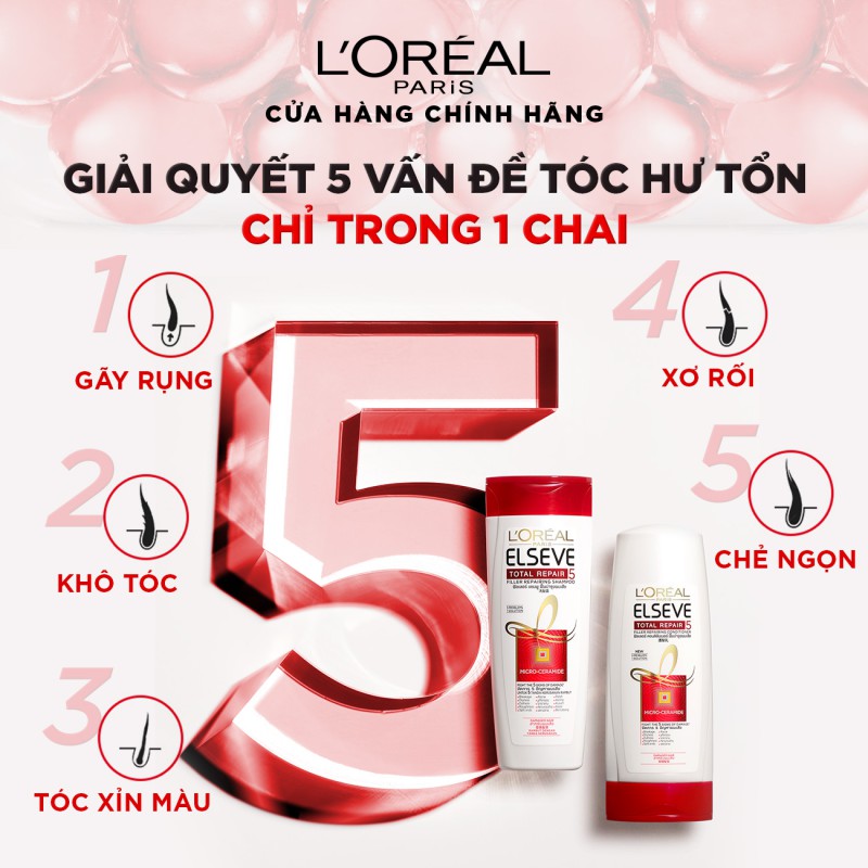 Bộ dầu gội 330ml, dầu xả 325ml phục hồi hư tồn L'Oreal Paris Elseve Total Repair 5