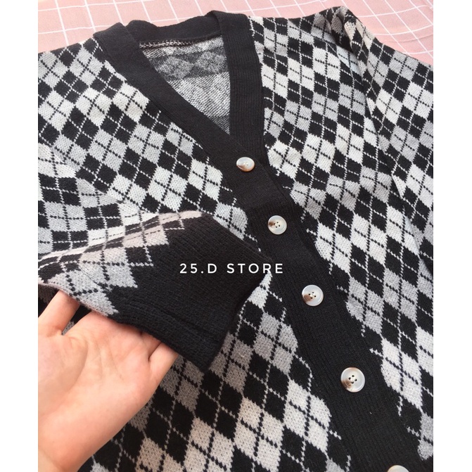 Áo khoác cardigan len hoạ tiết kẻ ô quả trám phong cách Hàn Quốc vintage thu đông | BigBuy360 - bigbuy360.vn