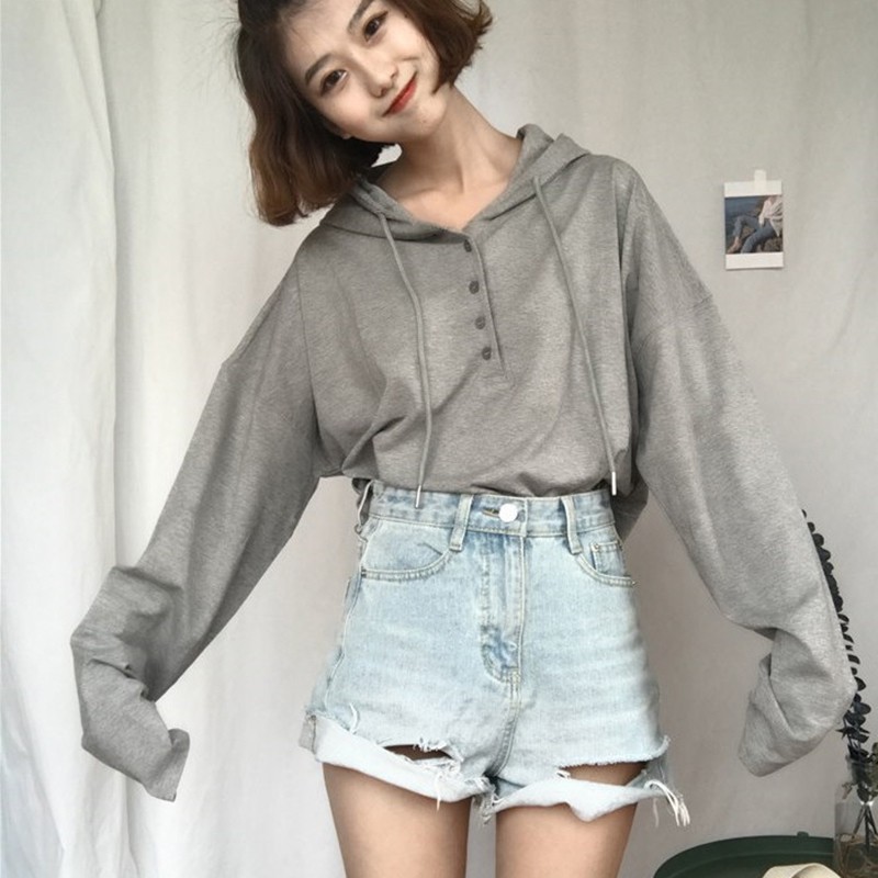 Áo Hoodies tay dài màu trơn thiết kế dáng rộng thoải mái