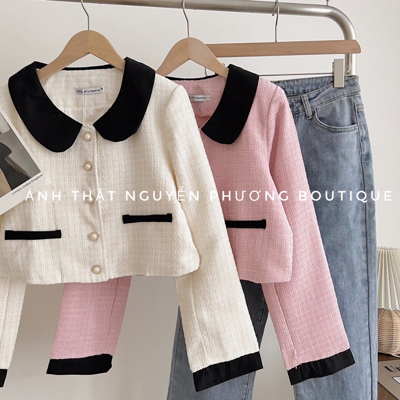 Áo khoác dạ hai lớp cổ sen cúc ngọc tiểu thư phối viền đen sang chảnh phong cách thanh lịch Hàn Quốc
