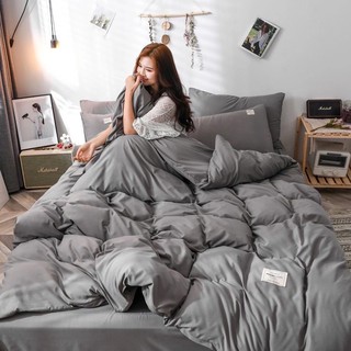 Bộ drap & chăn phao cotton tici xám trơn