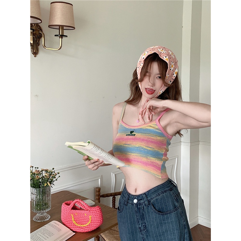 Áo Dệt Kim Hai Dây Dáng Ôm Họa Tiết Kẻ Sọc Nhiều Màu Sắc Thời Trang Mùa Hè Phong Cách Hàn Quốc Cho Nữ