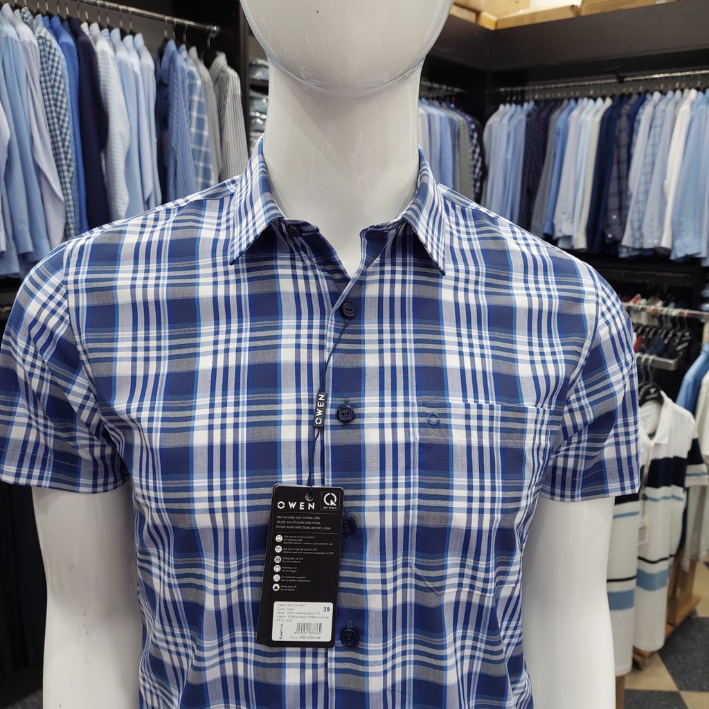 Áo Sơ Mi Nam Ngắn Tay Owen BA22554NT Sơ Mi Cộc Tay Công Sở Cao Cấp Màu Xanh Navy Kẻ Caro Vải Sợi Tre Body Fit Tà Bằng