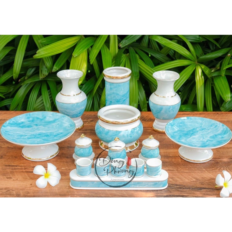 Bộ Đồ Thờ Cúng - Set Đồ Thờ Phụng Sứ Trắng Vân Đá Xanh Cao Cấp