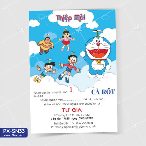 Thiệp sinh nhật - Thiệp Thôi nôi Đô Rê Mon| Thiệp Pluxi in nội dung theo yêu cầu |  PX_SN33