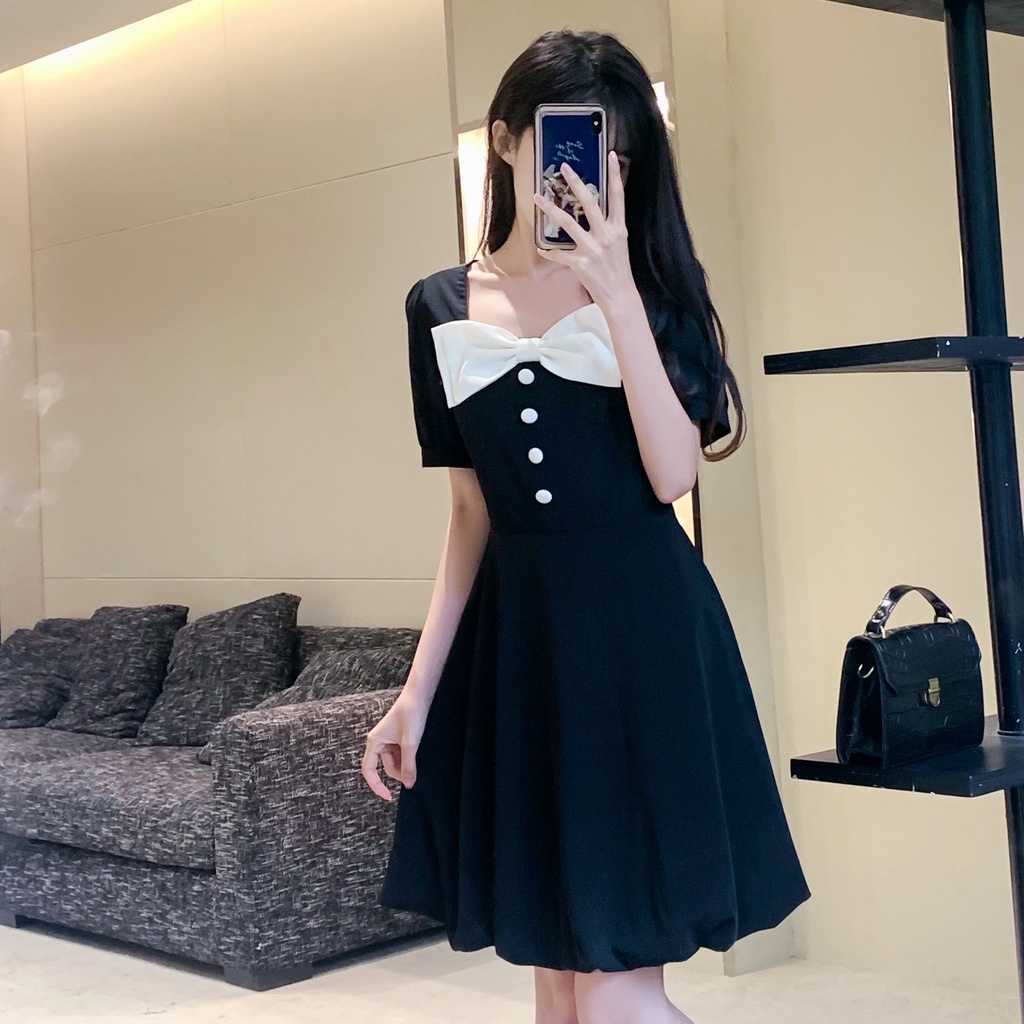 Đầm Perty dáng ôm đính nơ phong cách retro Hàn Quốc dành cho nữ