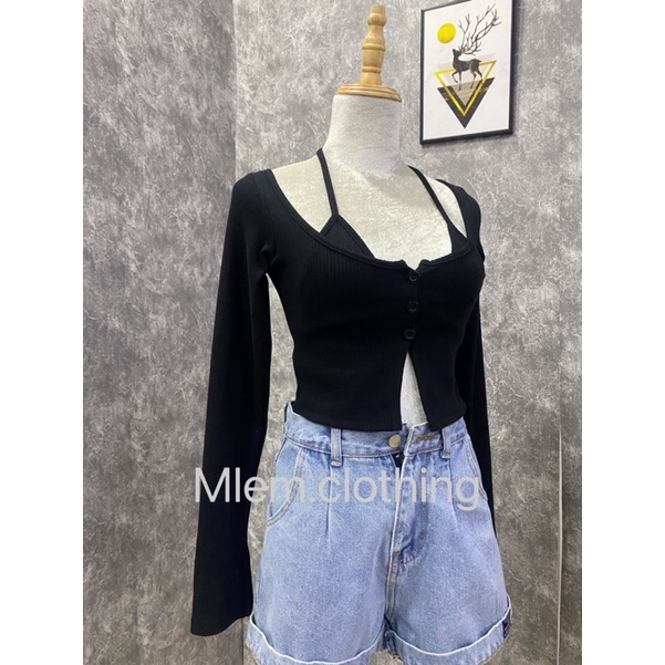 Áo croptop tay dài xẻ loe kèm bra thắt dây, set áo yếm Mlem chất thun gân