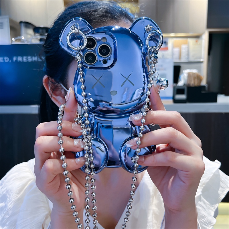 Ốp Điện Thoại Mạ Bạc Hình Gấu 3D Sang Trọng Có Dây Đeo Cho IPhone 13 Pro Max 14 Plus 11 11 12 Pro Max
